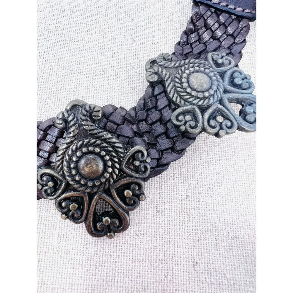 Braided Leather Boho Antique Brass Filigree Medallion Adjustable Chain Belt